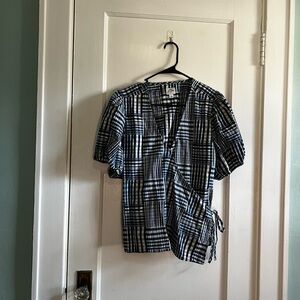 JCrew Blue and White Plaid Wrap Top